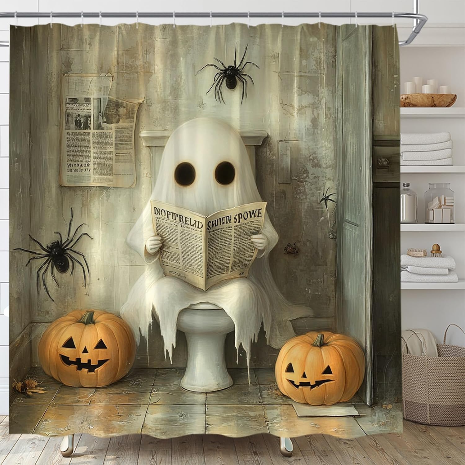 Funny Ghost Shower Curtain Rustic Pumpkin Halloween Cute Humor Ghost Sitting On Toilet Reading Newspaper Vintage Country 90x180CM
