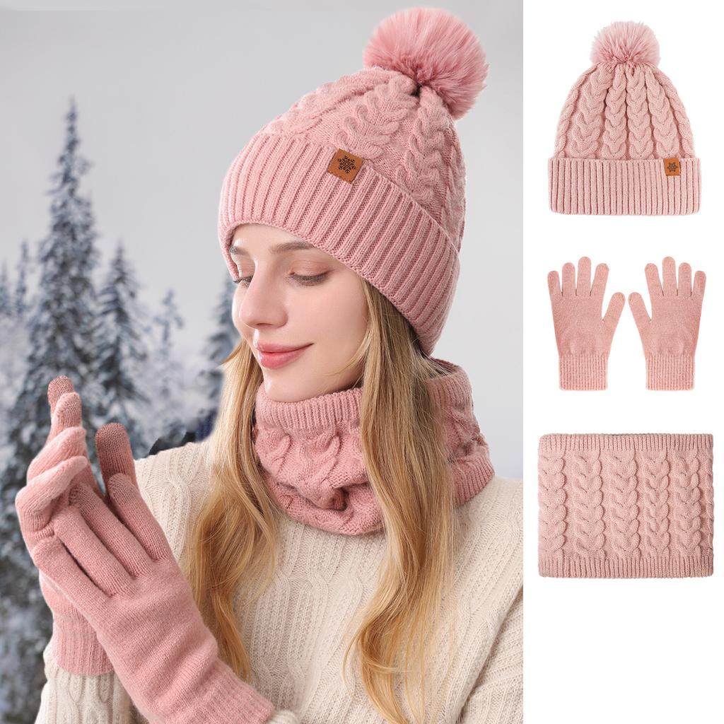 Classic Style Cold Weather Gloves Scarf Hat Three Piece Set for Winter Custom Logo Knit Beanie Ribbed Cuff Pom Pom Wool Blend