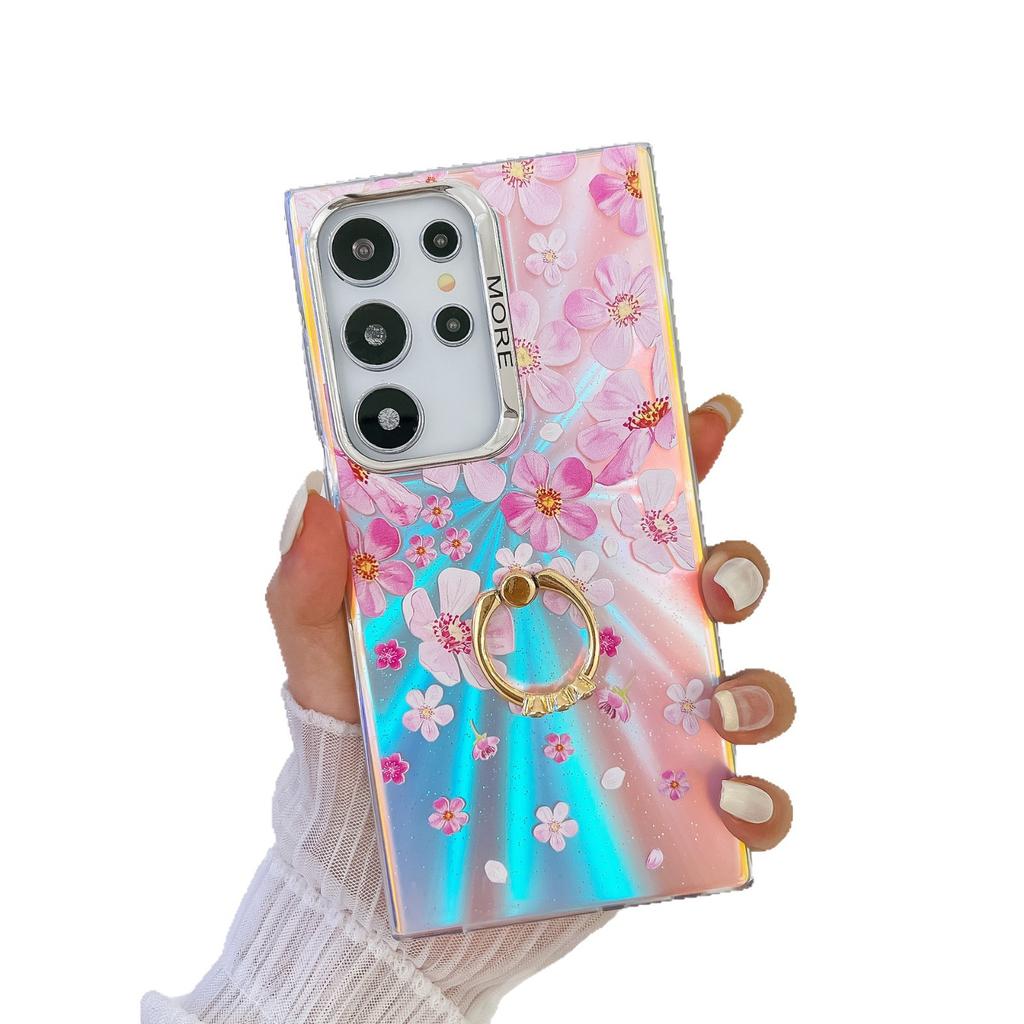 Electroplating Laser Flowers Suitable for Samsung S25 Ultra Mobile Phone Case Ring Bracket S24PLUS Hard Shell A56