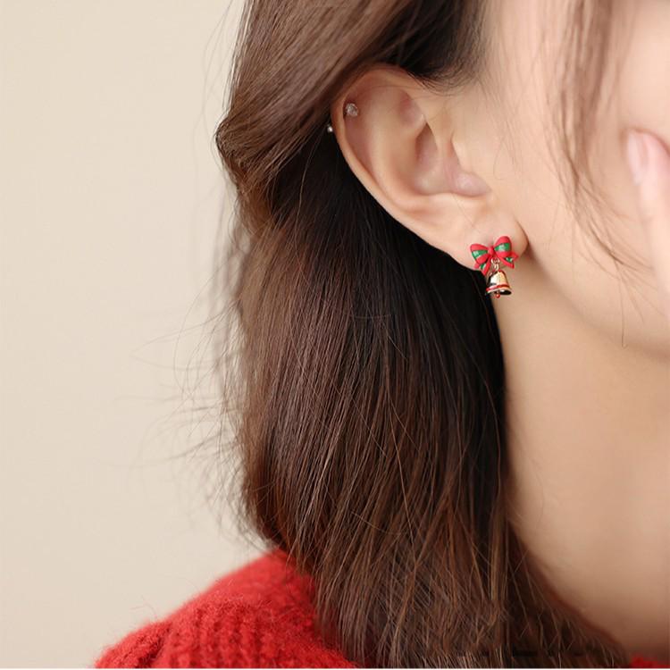 Silver Needle Oil Santa Bell Earrings: Autumn Winter Holiday Studs with High-End Flair.