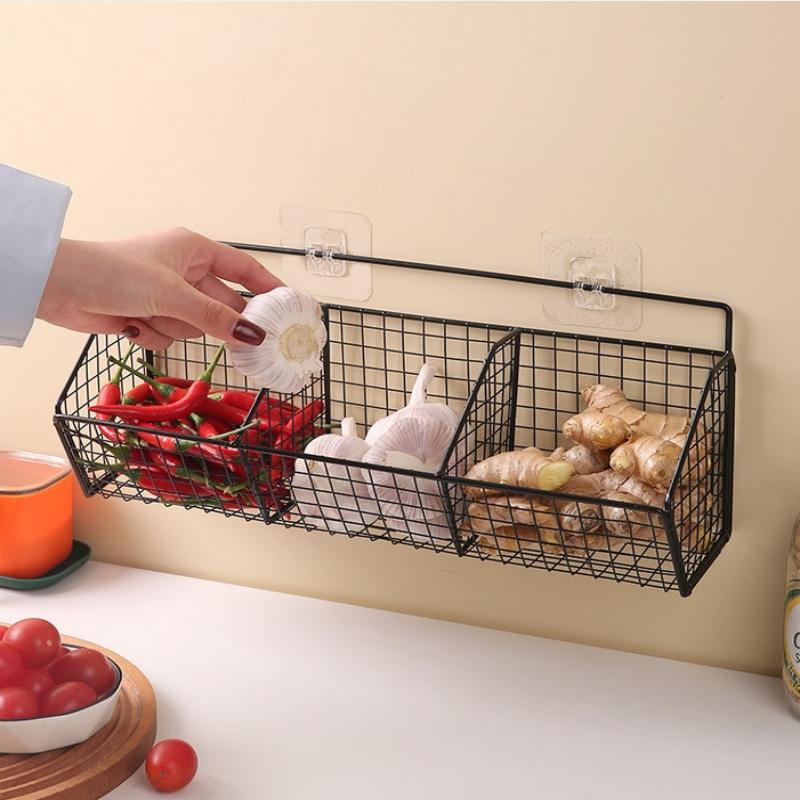 1/2/3 Grid Wall Mounted Kitchen Shelf Organizer Metal Rack Pantry Storage Garlic Ginger Basket Carbon Steel Hanging Wire Basket