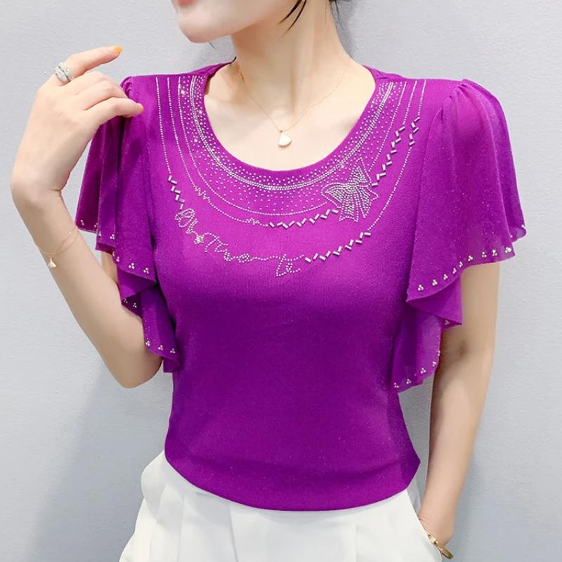 Summer New Elegant O-Neck Short Sleeved Mesh T-shirt Fashion Ruffles Hot Diamonds Women's Tees Chic Butterfly Sleeve Casual Tops