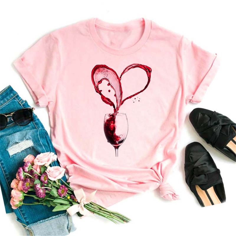 New Women T-Shirt Casual Short Sleeve T Shirt Women's Fashion Rose Red Wine Glass Printed Black T-Shirt Female Tops Tees