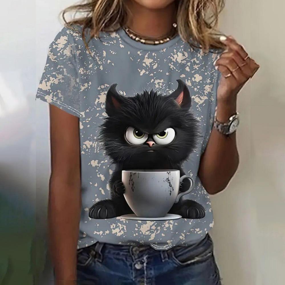 Fashion Women's T-shirt 3D Printed Kawaii Cat Pattern Short Sleeved Round Neck Top Summer Outdoor Casual Street Simple Clothing