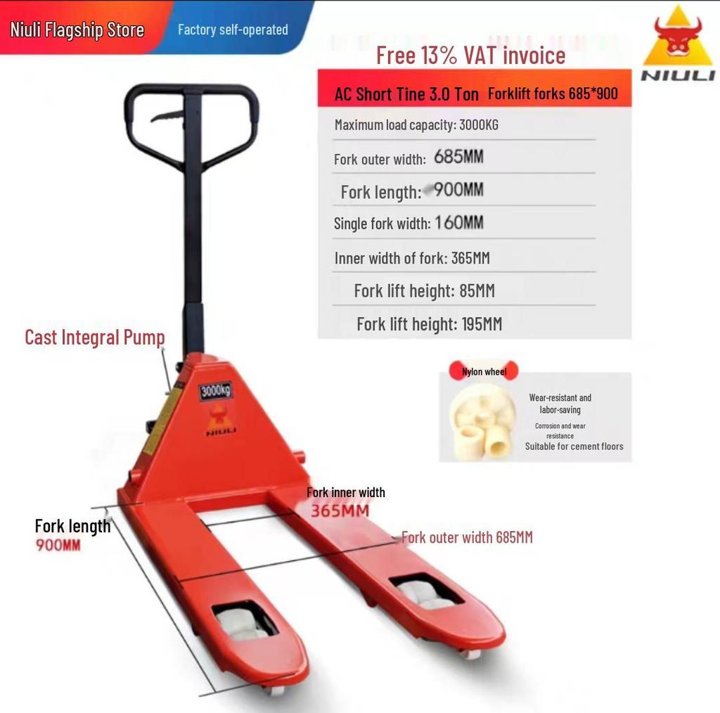 Niuli Hydraulic Manual Forklift: 2/3 Ton Pallet Jack with Hand Crank Lift and Push/Pull Cart