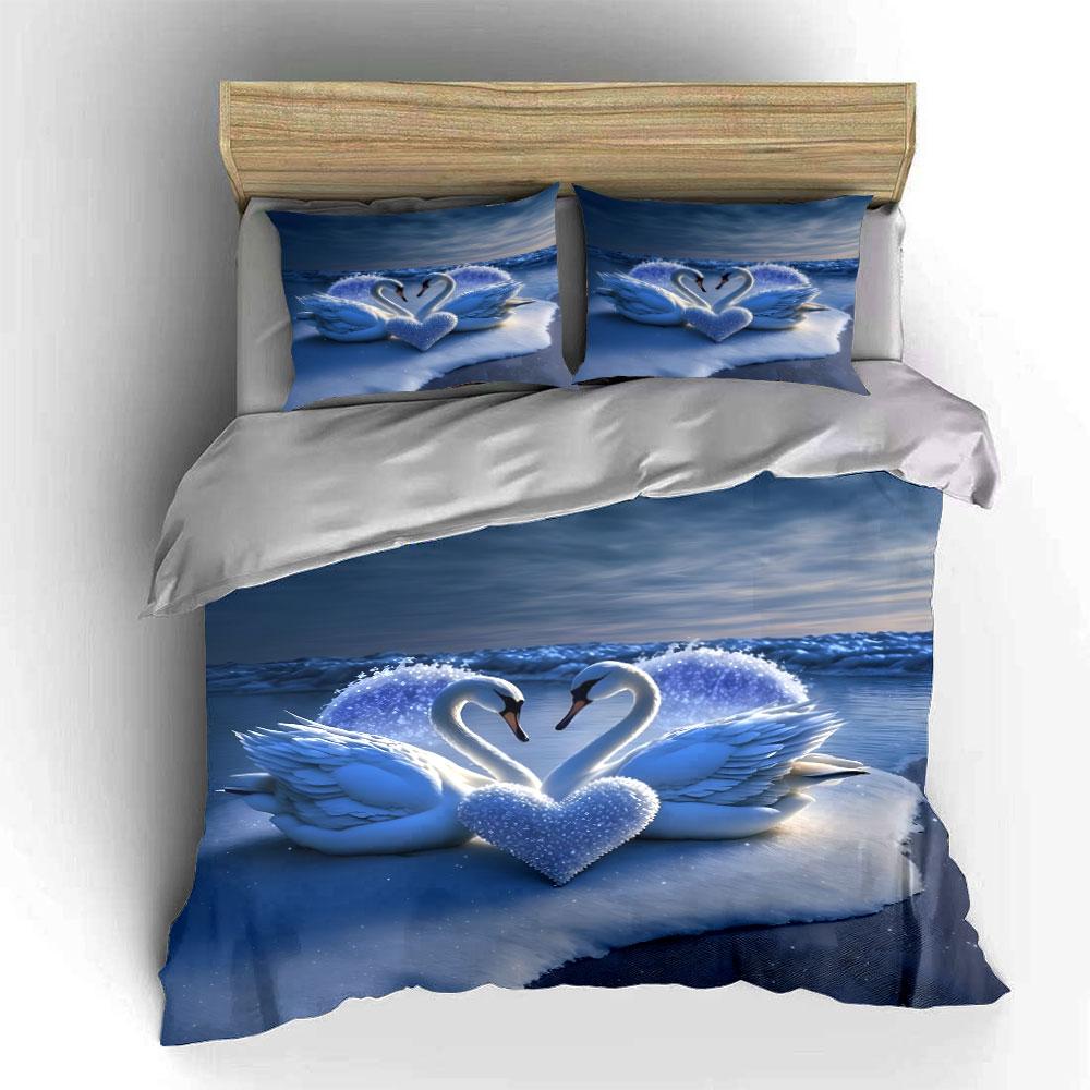 Romantic Swans With Icy Heart Printed Duvet Cover Set1 Duvet Cover+2 Pillowcasemulti Size Bedroom Bedding Decor Luxury Gifts