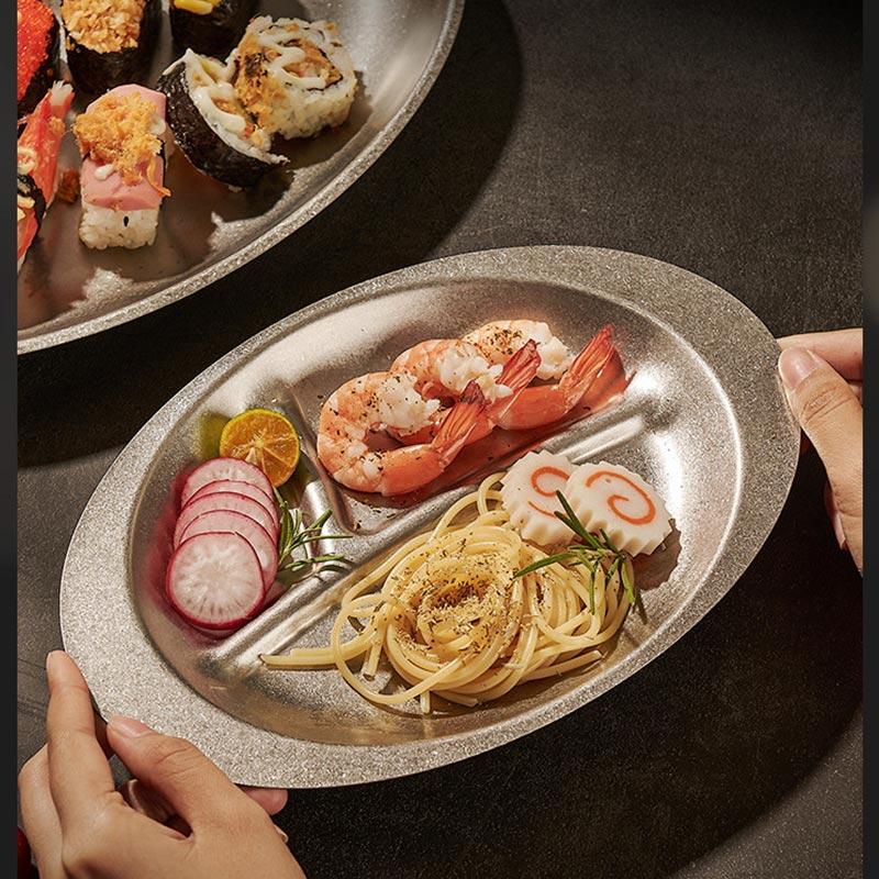 304 Rostfritt Stål Koreansk Snacksfat, Vintage Hem Dividerat Ovalt Fat, Ljus Lyx Frostat Utomhusmiddagsfat, Grillfat