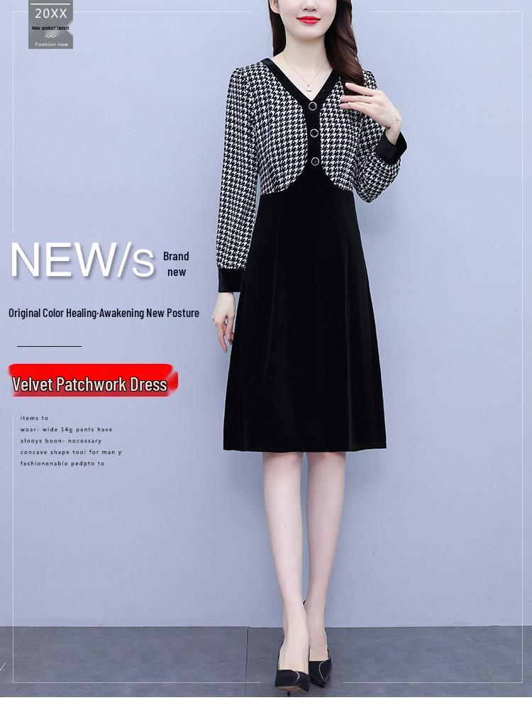 Women's Houndstooth Velvet Patchwork High Waist Midi Dress