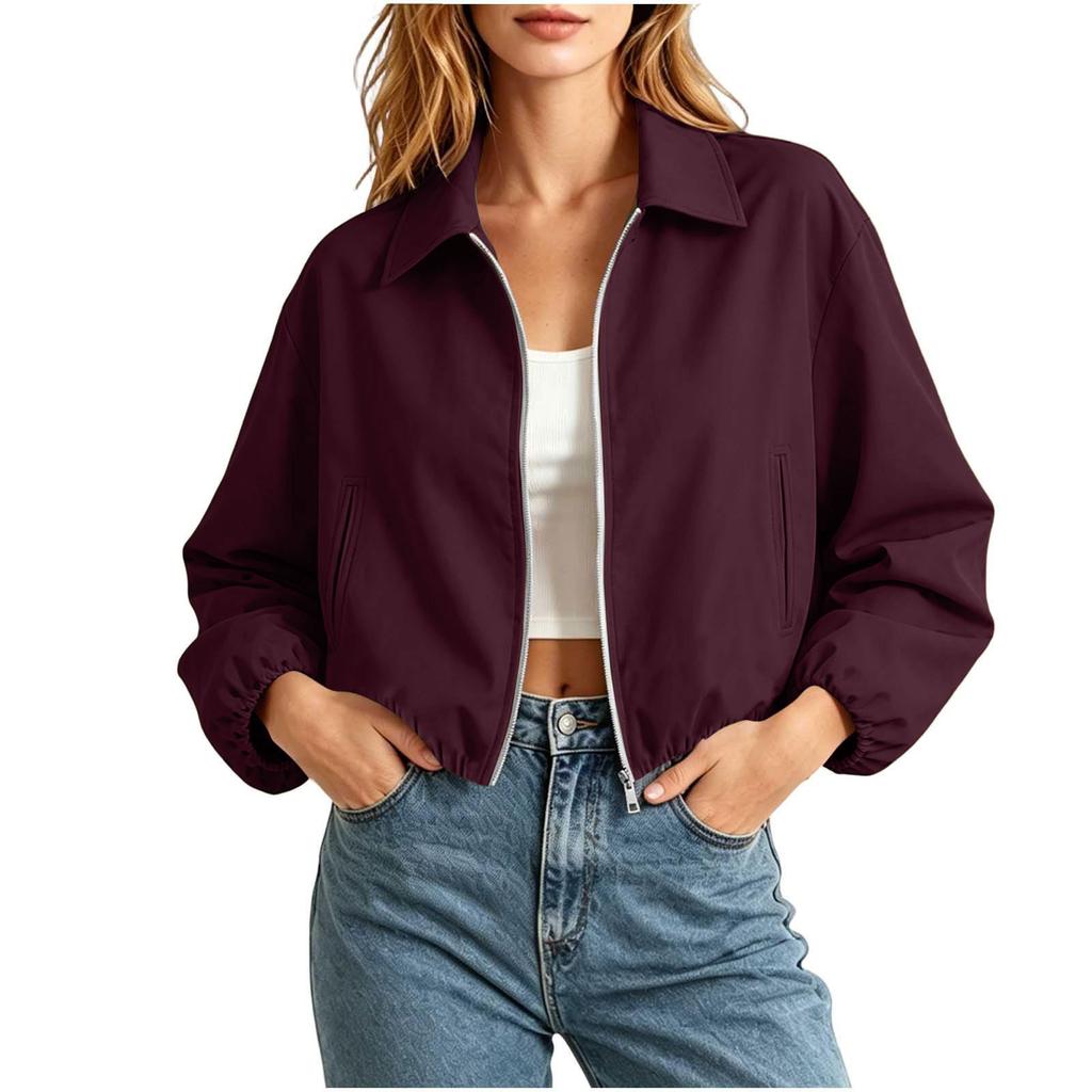 Women's Fashion Short Loose Fit Puffy Zipper Long Sleeve Jacket Outerwear
