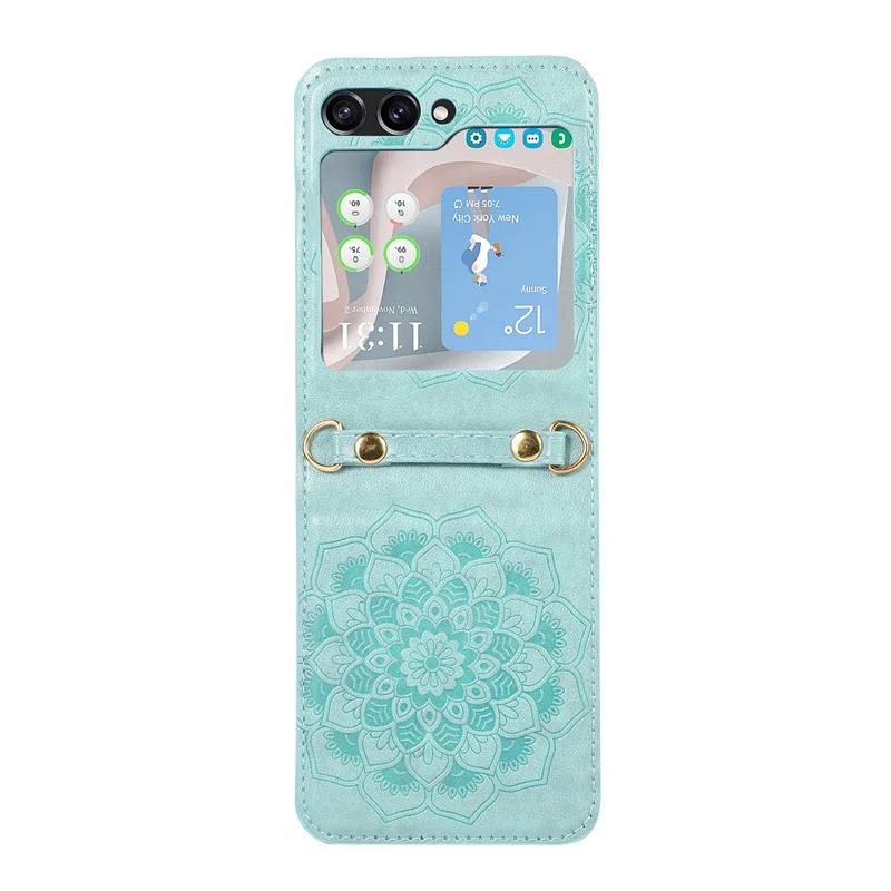 Crossbody Lanyard Flower Mandala Phone Case for Samsung Galaxy Z Flip 5 Flip5 5G PU Leather Shockproof Cover