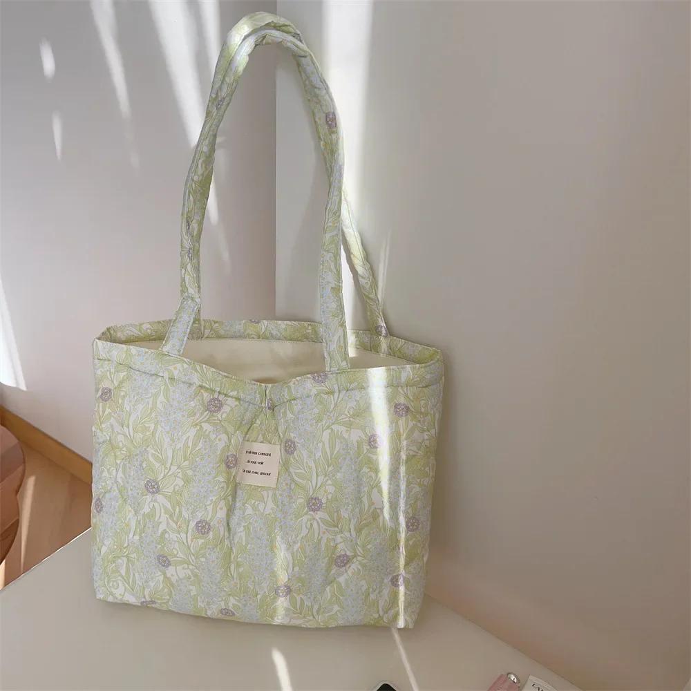 Cotton Floral Tote Bag for Women  Handbag Trendy Chic Puffy Top Handle Bag Quilted Padded Shoulder Bag Designer Shopper Bags
