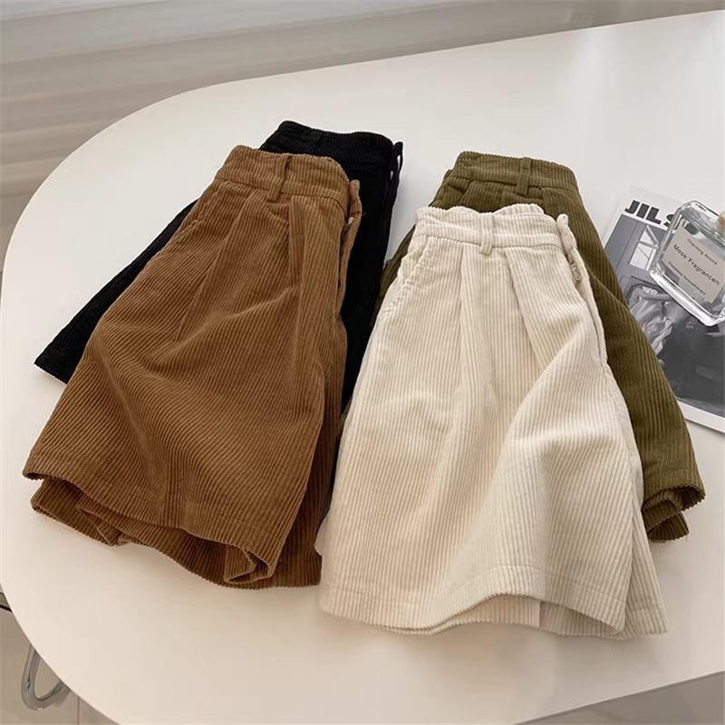 Short Autumn and Winter Casual Pants for Women High Waisted and Slim Hong Kong Style Corduroy Loose Wide Leg Shorts