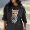 Retro Washed Meme Cat Print Crewneck Short Sleeve Unisex Cotton Graphic T-shirt Designs for Cat Lovers