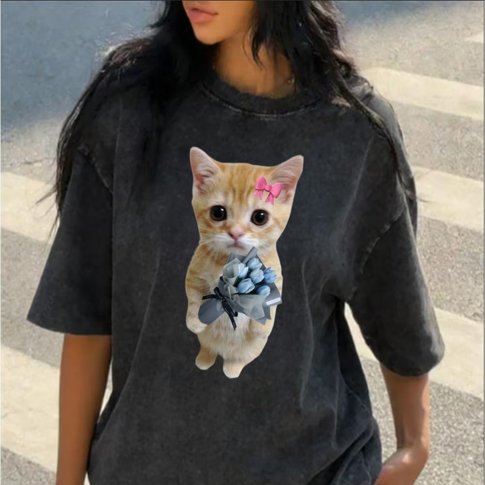 Retro Washed Meme Cat Print Crewneck Short Sleeve Unisex Cotton Graphic T-shirt Designs for Cat Lovers