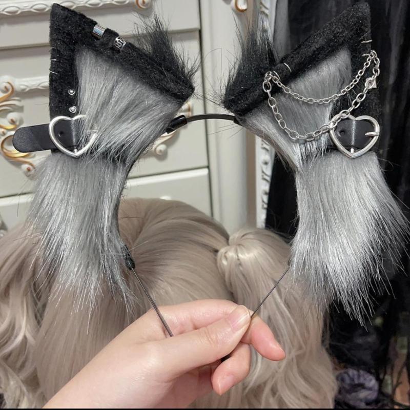 Anime Theme Gatherings Cat Ear Headband with Alloy Earring Movie Enthusiasts Plush Wolf Headband for Teenagers Adult