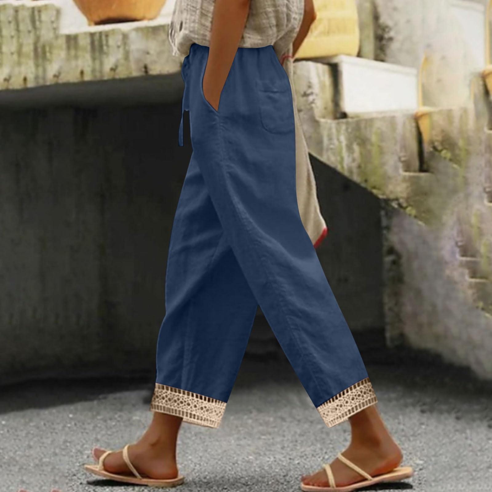 

Женские модные однотонные брюки кэжуал из хлопка и льна с карманами и кулиской, с кружевом S