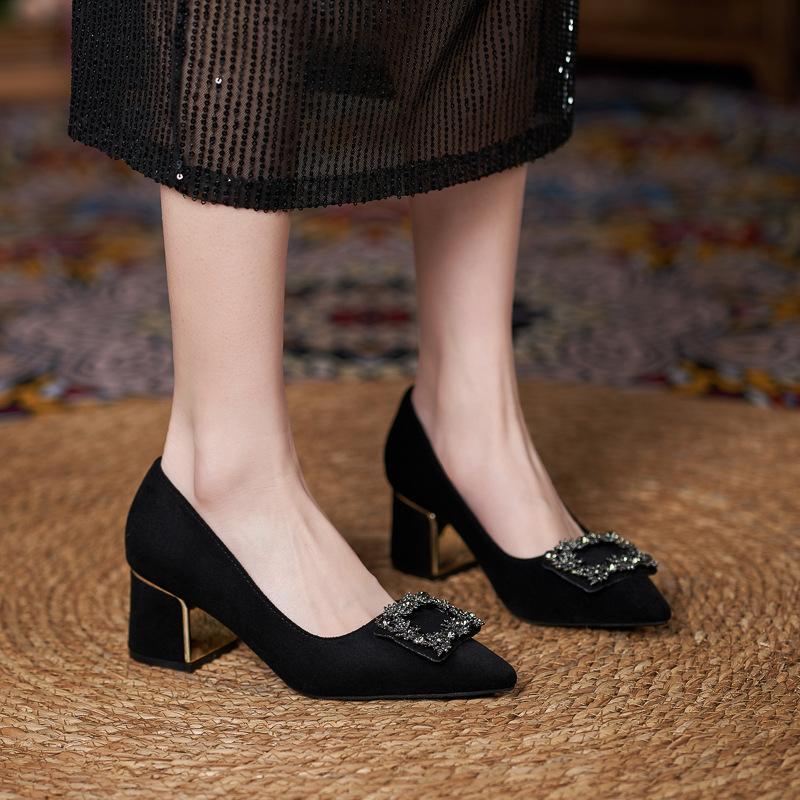 Size 31-44 Fashion Women Pumps Rhinestones Buckle Thick Heel Shoes Women Shallow Mouth Wedding Party Office High Heels