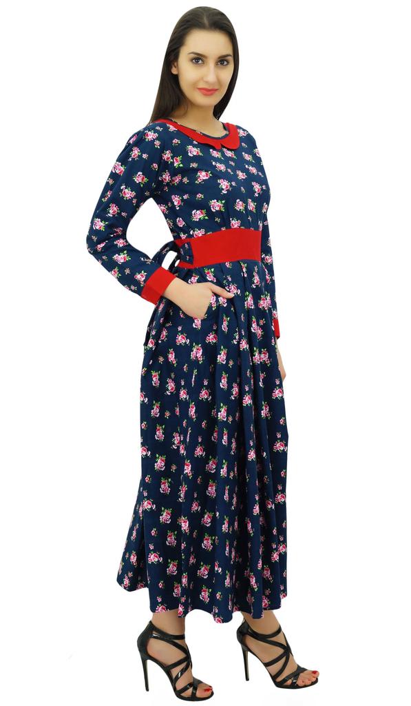 Bimba Women's Cotton Maxi Dresses Floral Print Round Neck Long Sleeve