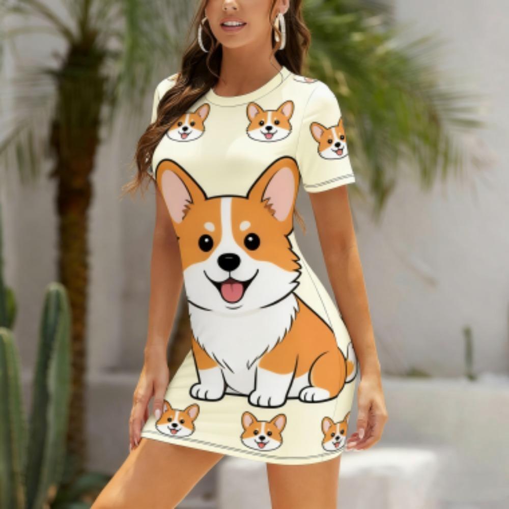 

Fun Cartoon Animal Letters Print Dress Women Short Sleeve Sleepwear Dresses Loose Fit Tee Nightwear Home Clothes Nightie Loungewear S