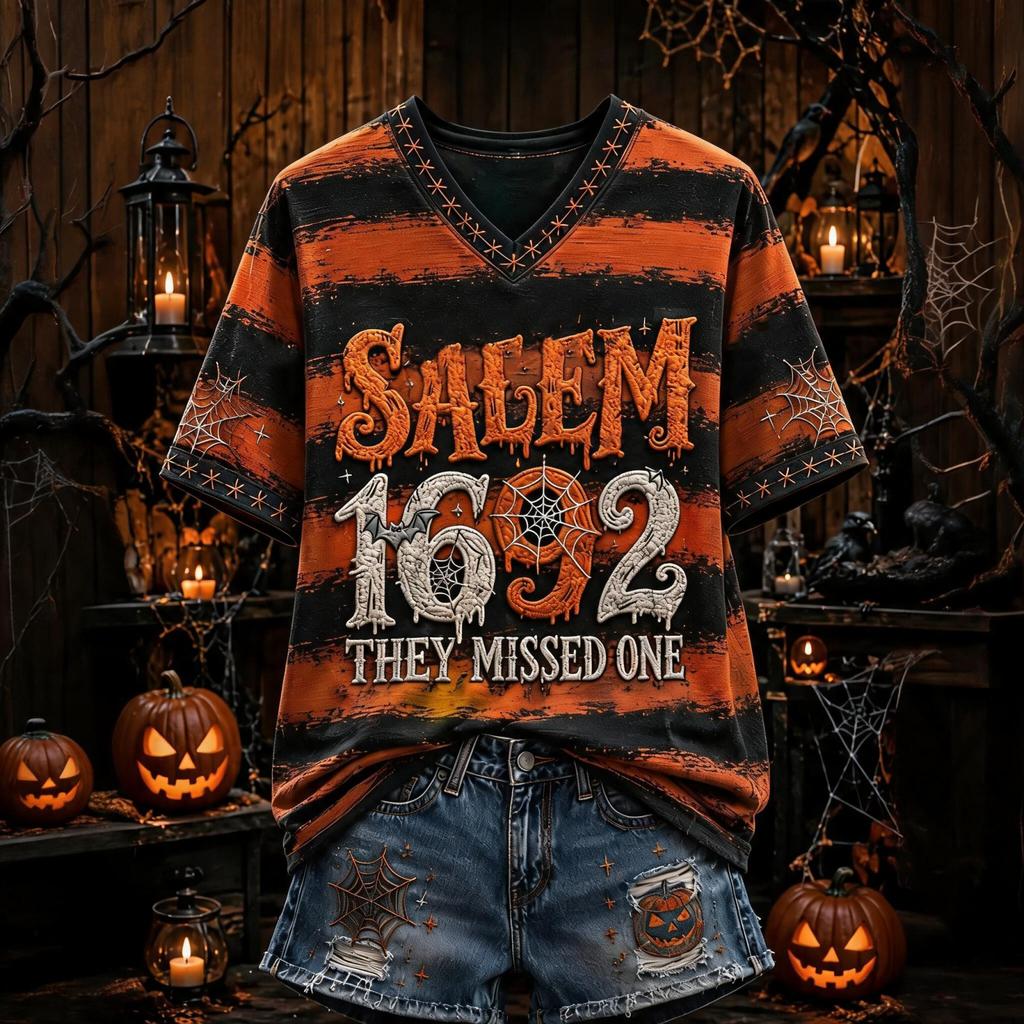 Women's Halloween Printed V-Neck Short Sleeve T-Shirt Casual Top
