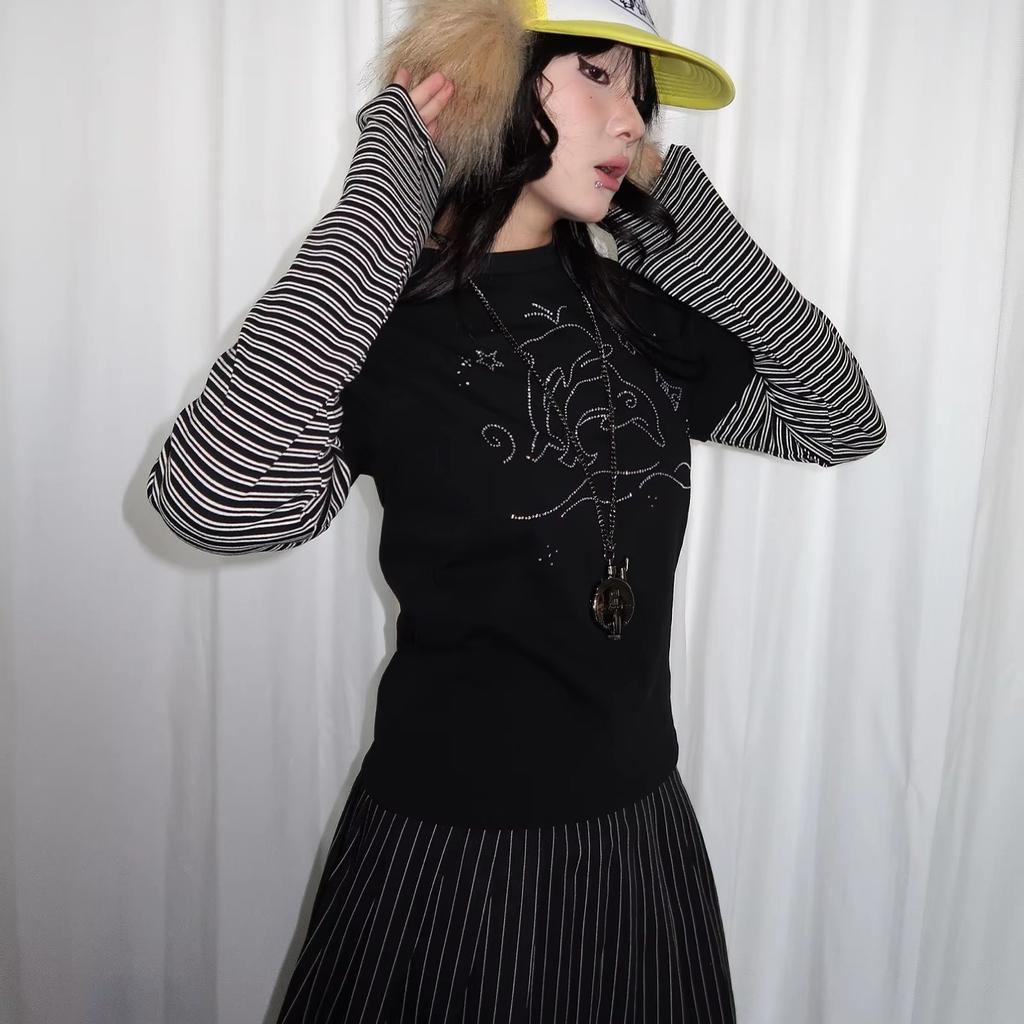 Y2k Vintage T-shirt Fake Two Pieces Women Long Sleeve Patchwork Japanese 2000s Grunge Tops Streetwear Retro Print Graphic Tops