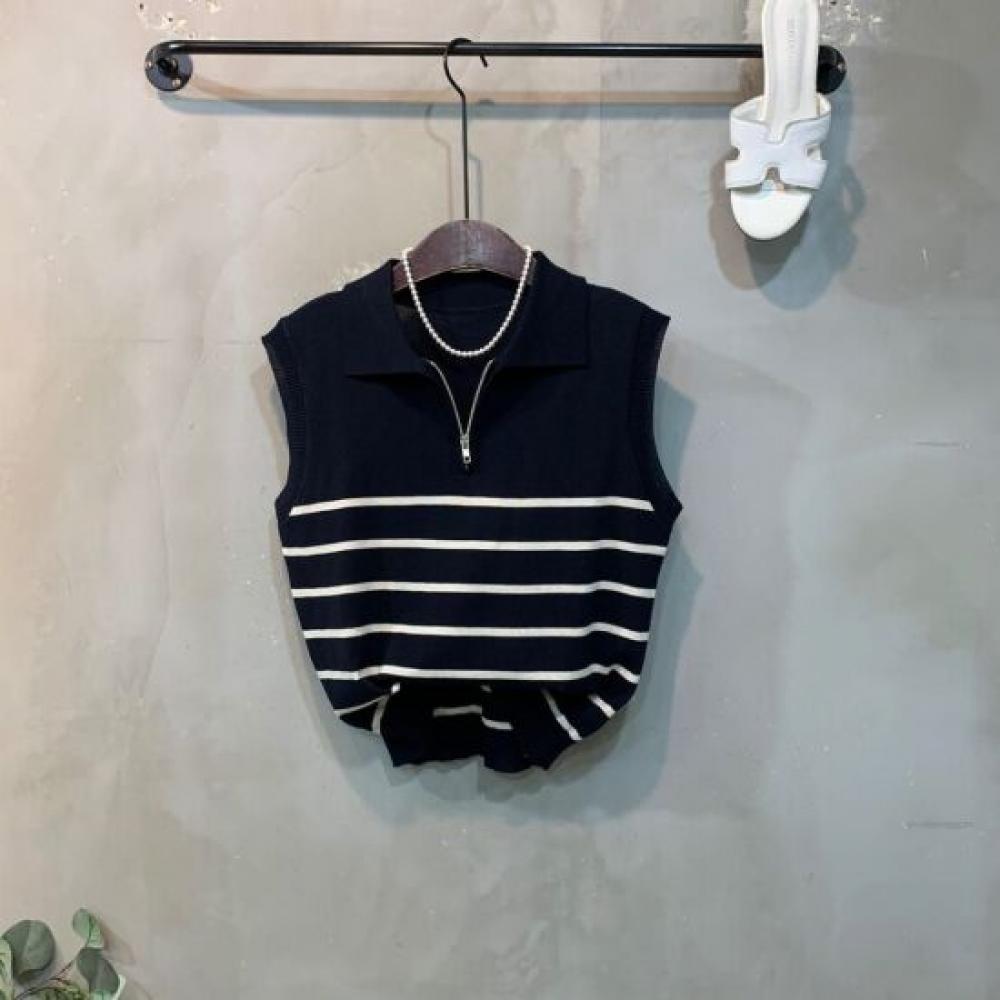 C S In The Room lInen Stripe Zipper Collar neCk SleeveleSS Knit 2Color