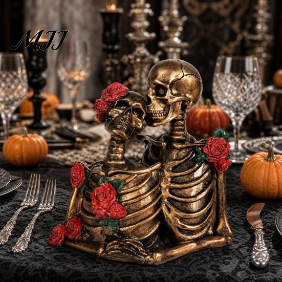 Kissing Skeleton Decor Halloween Gothic Couple Figurine, Vintage Resin Statue, Figurine Rose Sculpture for Holiday Party