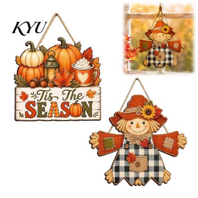 Decorative Holiday Wood Plaque Fall Wooden Hanging Sign, Autumn Scarecrow & Pumpkin Maple Leaf Door Festival Sign Hanger, Harvest Thanksgiving