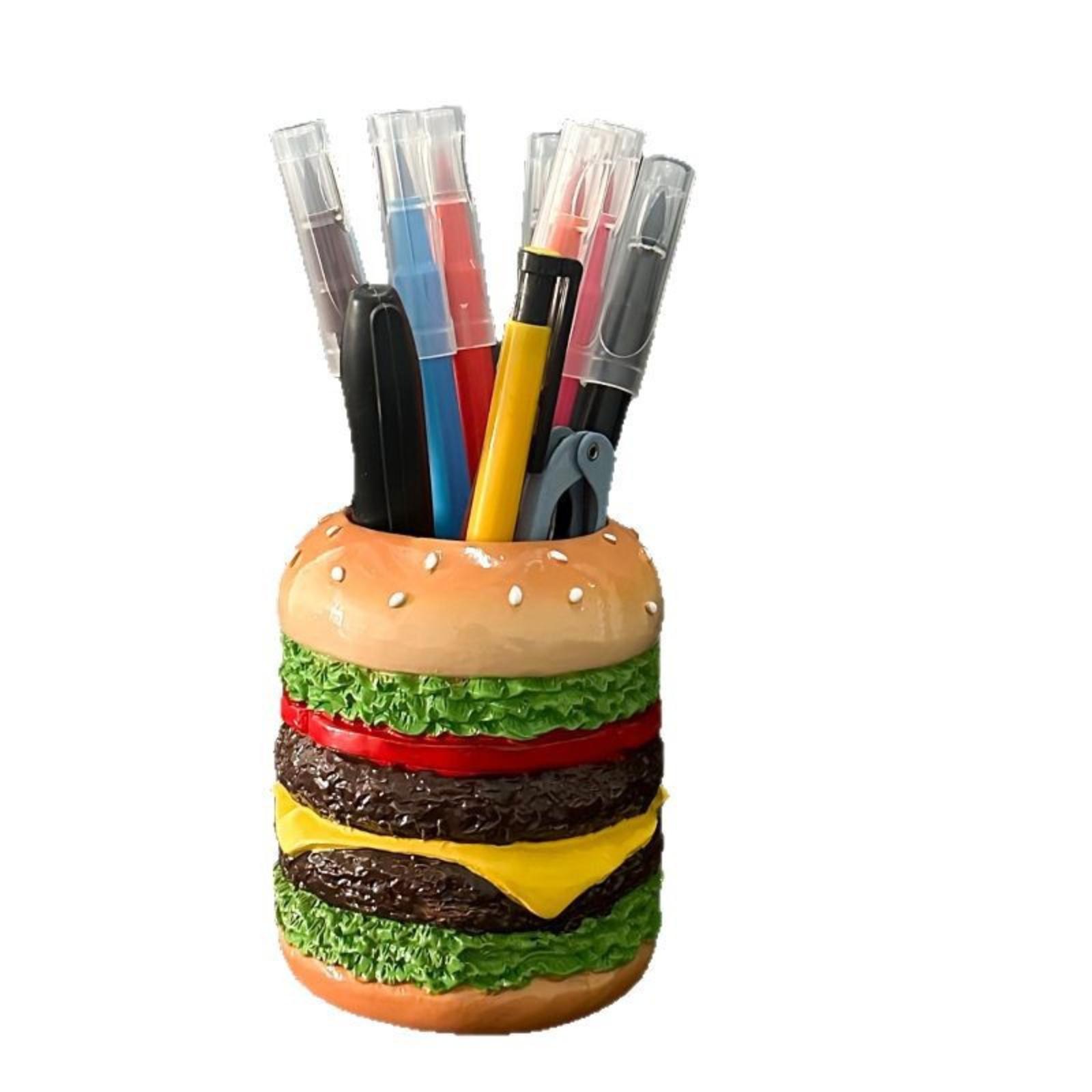 

Creative Hamburger Shaped Pen Holder Desktop Organizer Unique Design Resin Material Office Stationery Storage Container for Home and Office Use