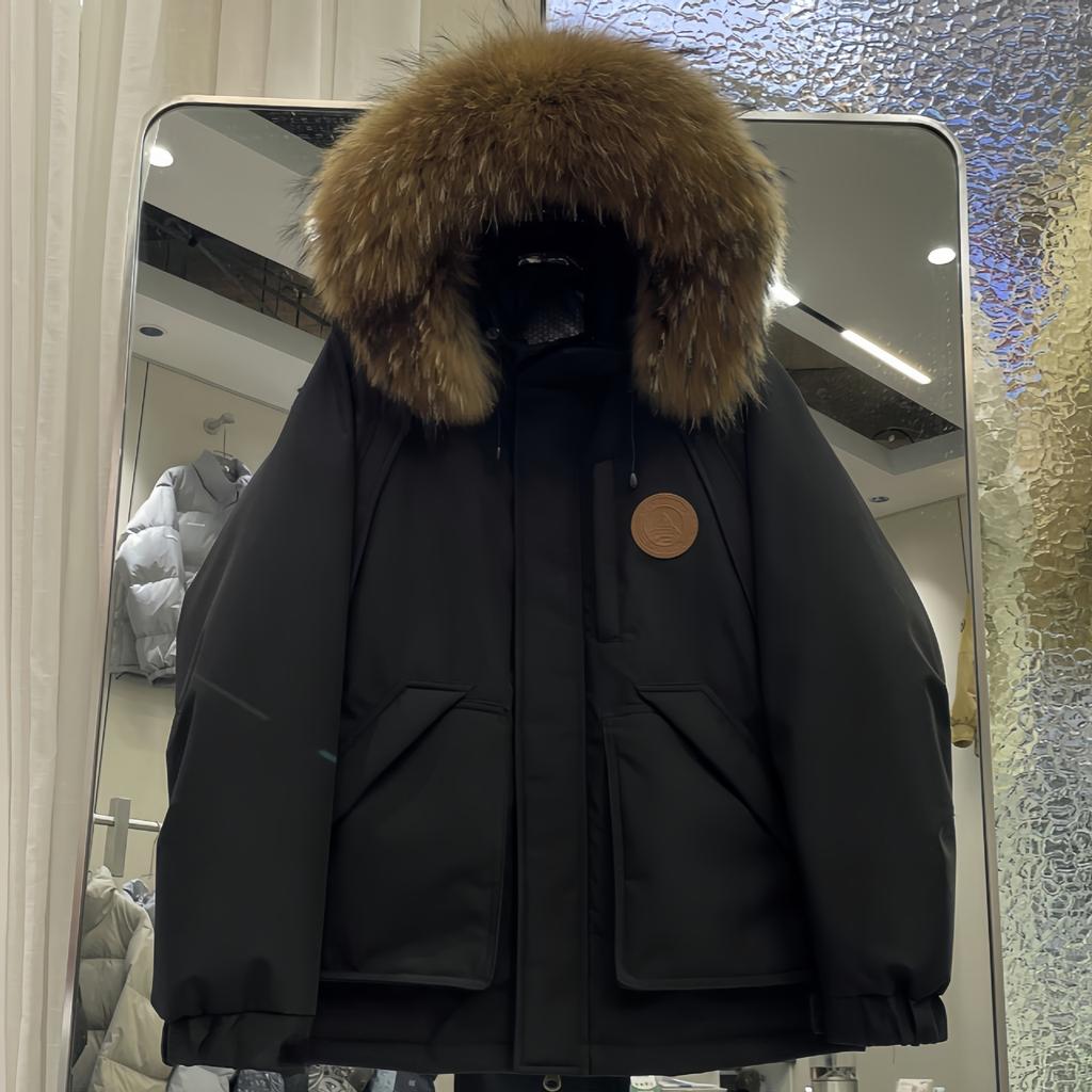 Winter new short big fur collar down jacket women's thickened tooling couple pie overcome hooded loose outdoor