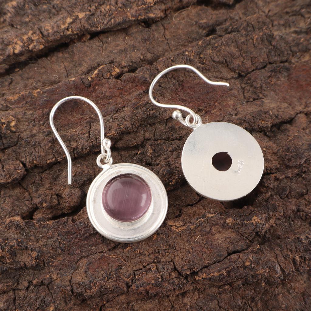 Purple Cat's Eye 925 Fine Silver Gemstone Jewelry Handmade Round Earrings 1.40" EE-4-47