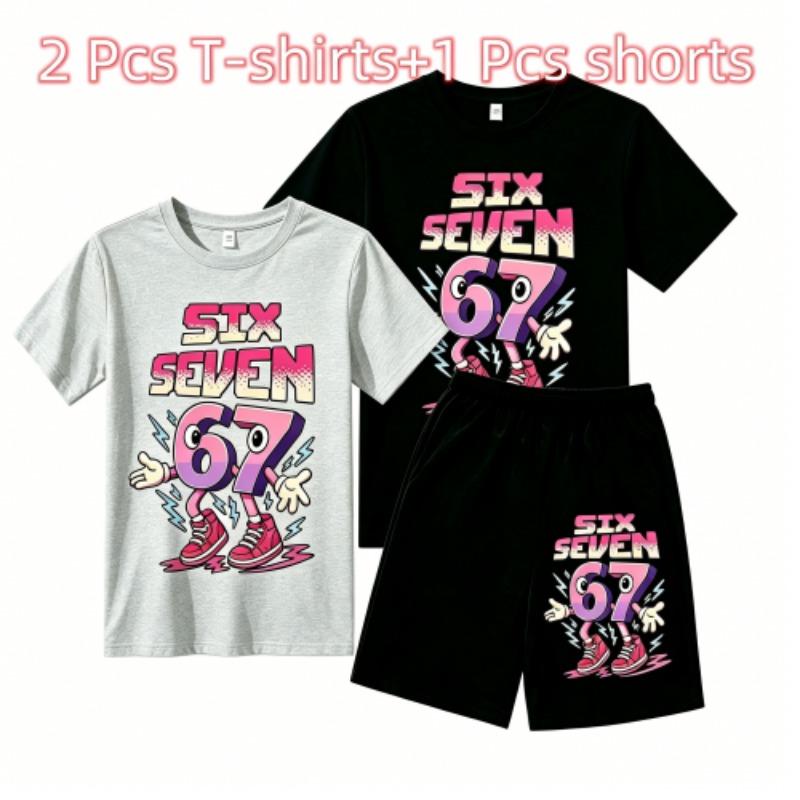 Fashion Cartoon 67 Graphic Print Outdoor Street Kids T-shirt and Shorts Summer Home Casual Outfit Boy and Girl's Sports Set
