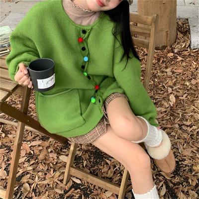 2024 Retro Colorful Pompom Knit Cardigan for Women - Autumn/Winter Loose Fit Sweater Jacket