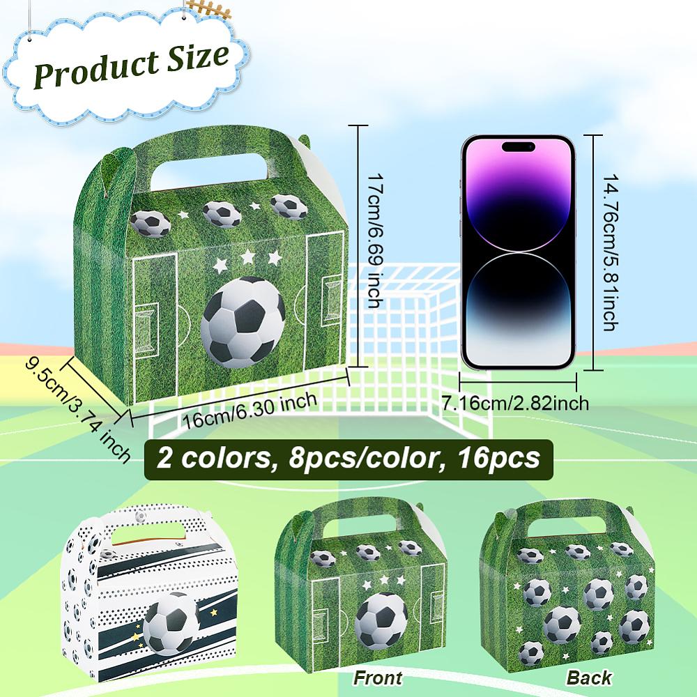 16Pcs 2 Colors Football Print Paper Boxes with Handle Hole Portable Gift Boxes for Wedding Candy Boxes Rectangle Mixed Color 16x9.5x17cm