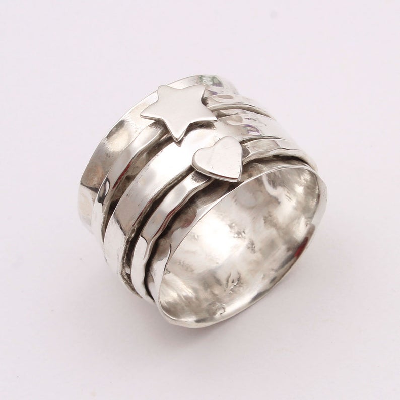 Antique Silver Spinner Ring, Heart Pattern Spinning Ring, Fidget Ring, Women's Meditation Ring, Worry Ring, Two Tone Band Ring, New Year Gift