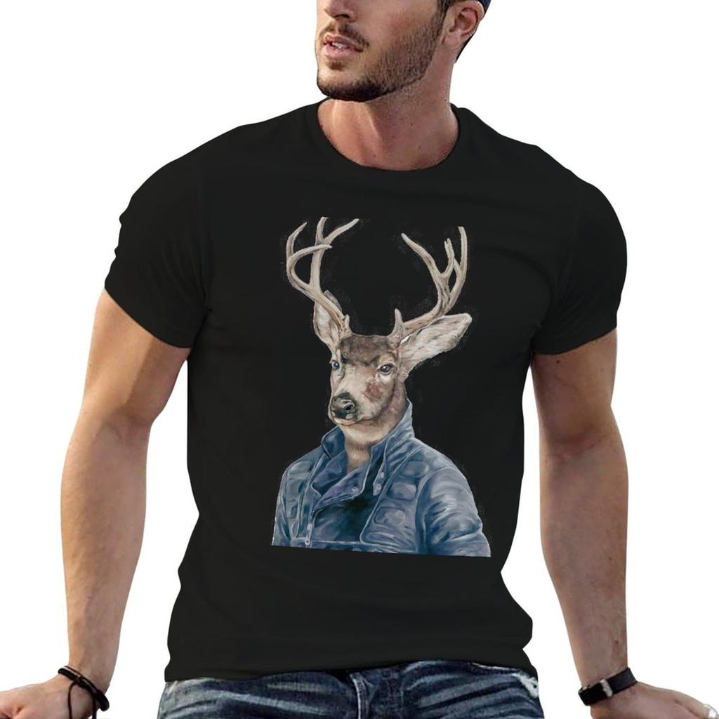 Deer in Navy Blue T-Shirt Athletic Fit Sports Short Sleeve Top