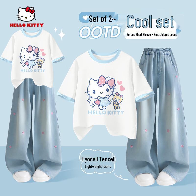 Hello Kitty Girls  Summer Embroidered Denim Outfit Set 150
