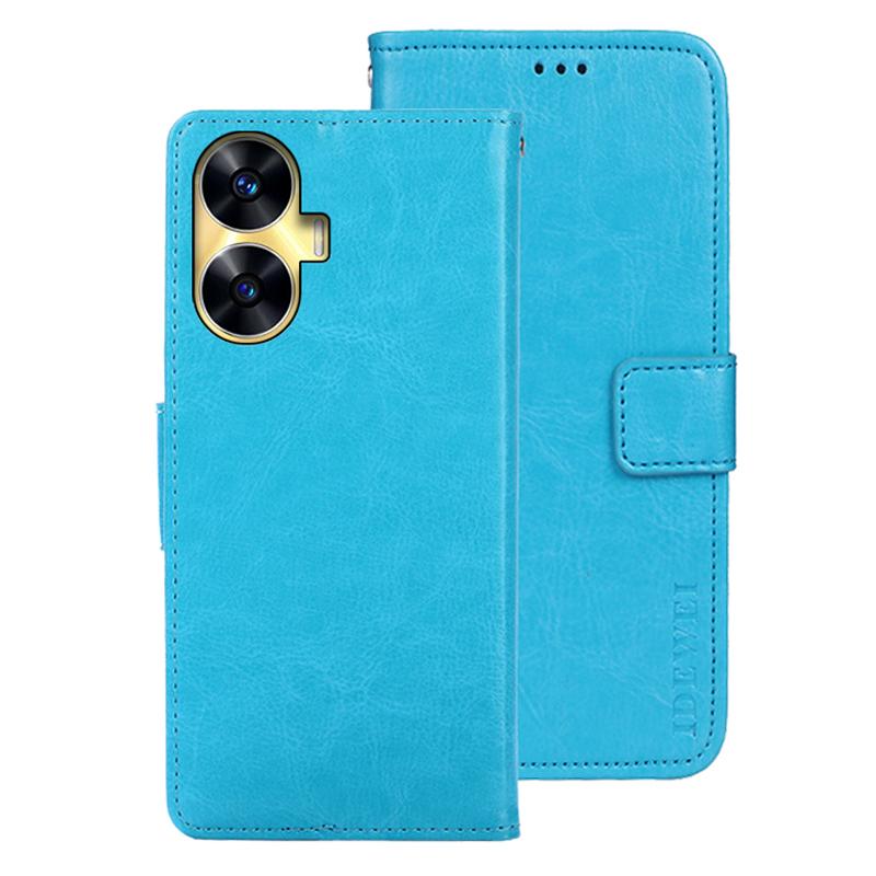 

IDEWEI For Realme C55 Anti-drop Wallet Cover Stand Phone Case Crazy Horse Texture PU Leather Shell Sky Blue