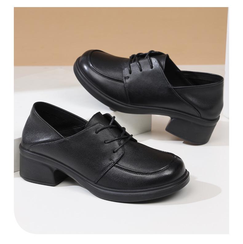 Genuine Leather Women's Chunky Heel Round Toe Shoes - Autumn Non-Slip & Comfortable Mom Shoes with Soft Mid Sole