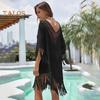 Beach Cover Up Dress V-Neck Woven Hollow Neckline Fringed Cuffs Hem Bikini Cover Up UV Protection Beach Dress