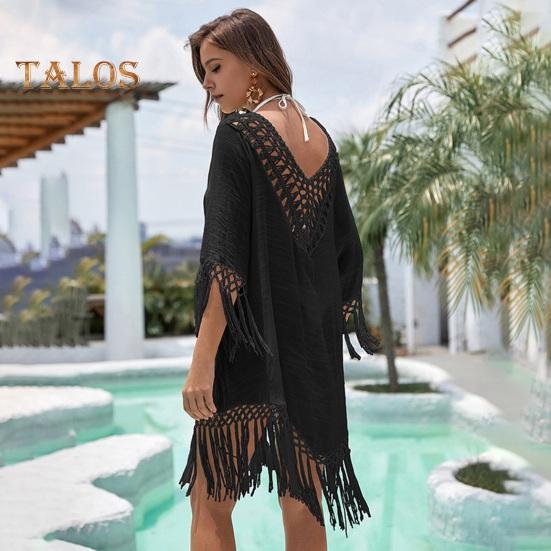 Beach Cover Up Dress V-Neck Woven Hollow Neckline Fringed Cuffs Hem Bikini Cover Up UV Protection Beach Dress