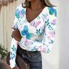 Women's Casual V-Neck Floral Print Long Sleeve Ribbed Top for Everyday Wear