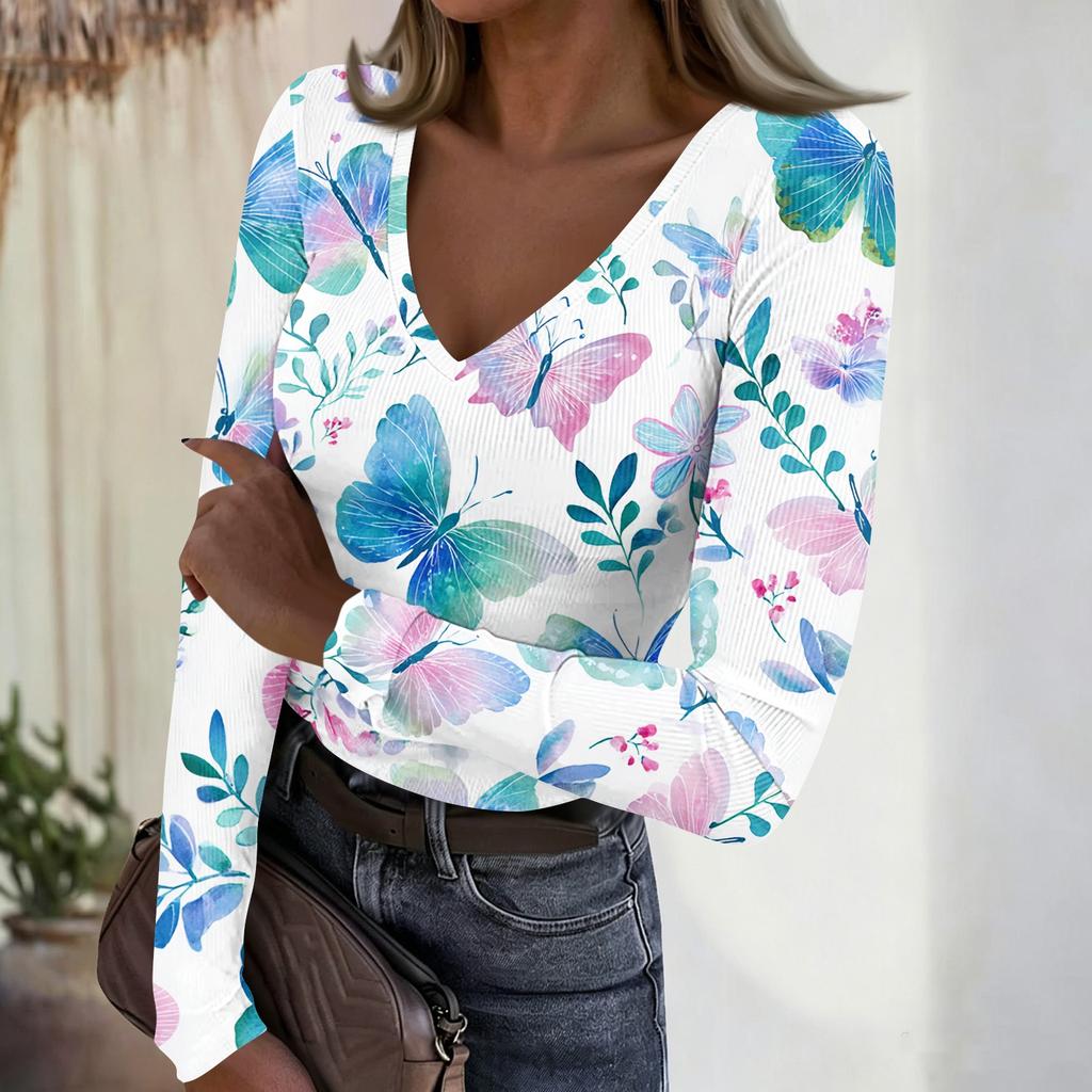 Women's Casual V-Neck Floral Print Long Sleeve Ribbed Top for Everyday Wear
