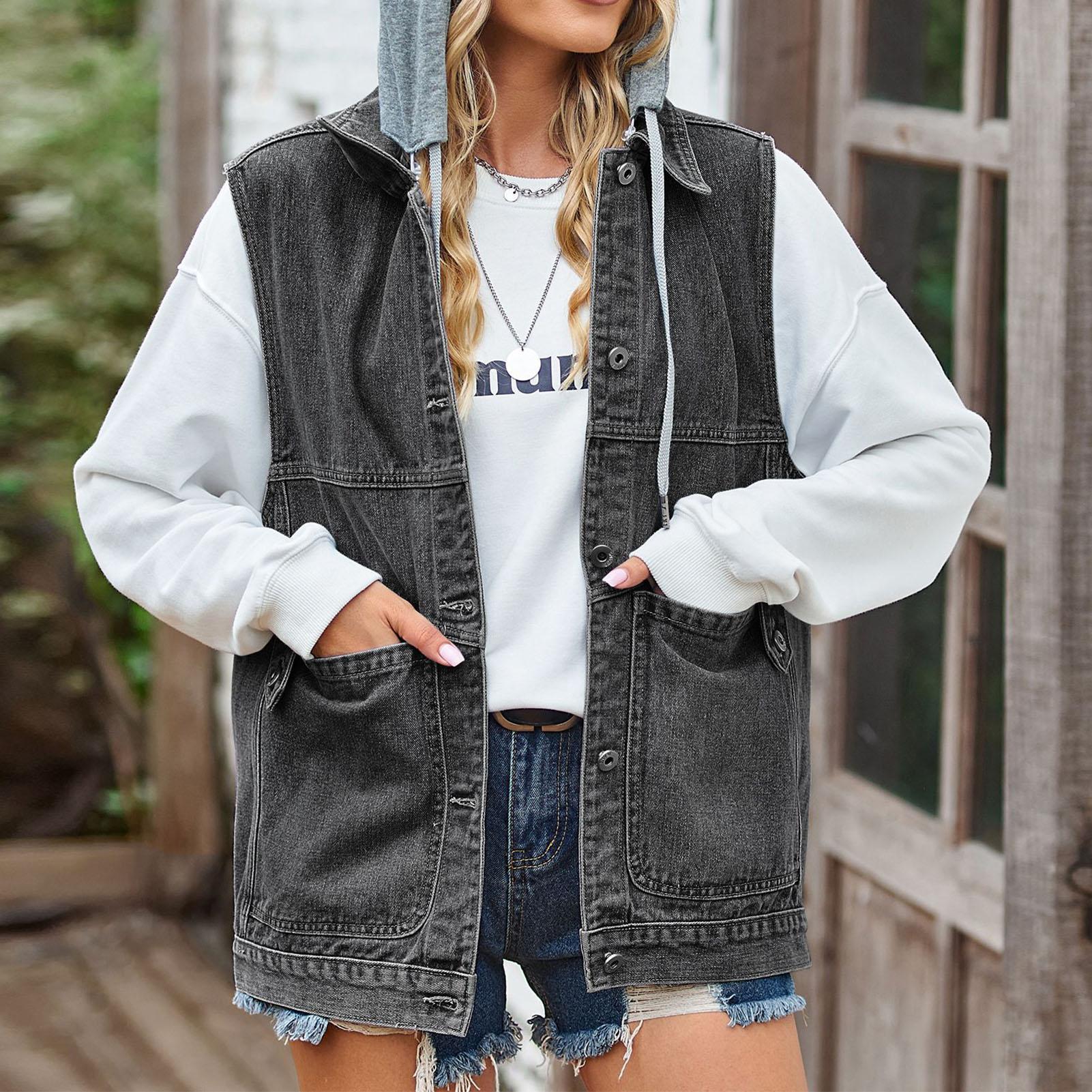 Женский джинсовый жилет однотонного цвета со съемным капюшоном, повседневный однотонный женский джинсовый жилет с капюшоном, черный серый XL