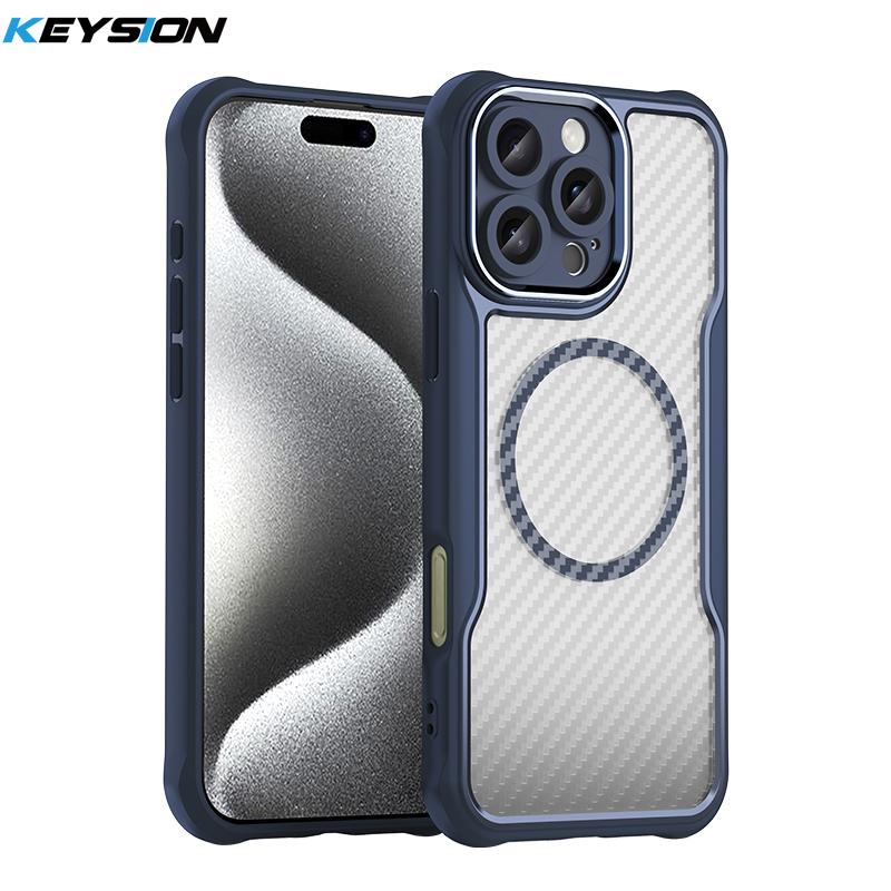 KEYSION Shockproof Case for MagSafe for iPhone 13 12 11 Pro Max Silicone+PC Camera Protection Carbon Fiber Texture Phone Cover
