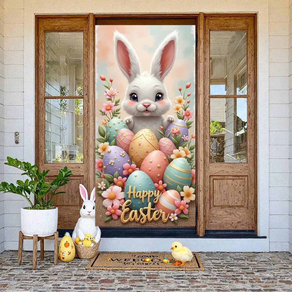 Easter Celebration Banner White Bunny Happy Easter Banner Floral Easter Backdrop Egg Patterns Spring Floral Background For Kids