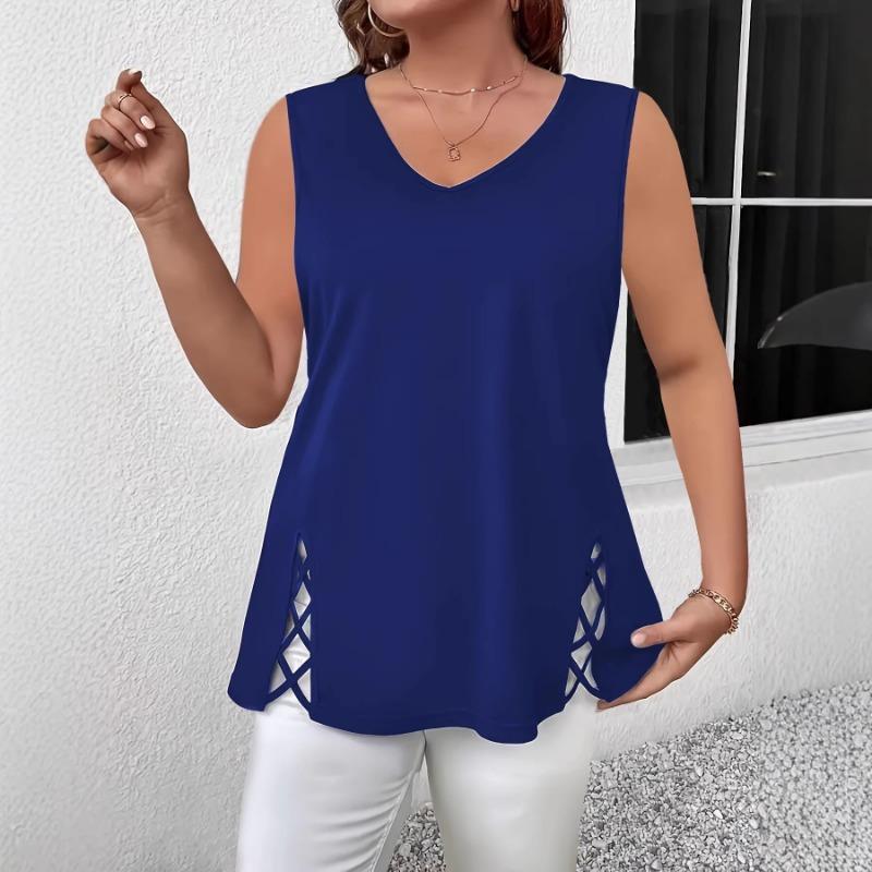2026 Summer Sleeveless Hollow Blouse Women Large Size V-neck Fashion Vest Cross Casual Slim Fit Tank Top Elegant Loose Casual Women's Clothing