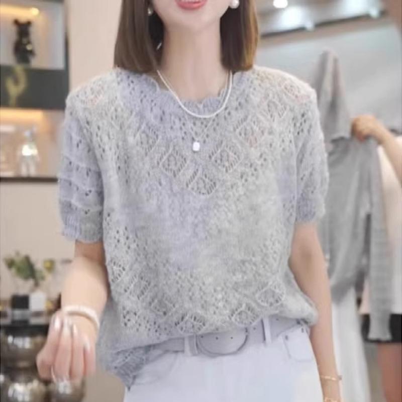 

light grey round neck short sleeve hollow out knit top for women onesize