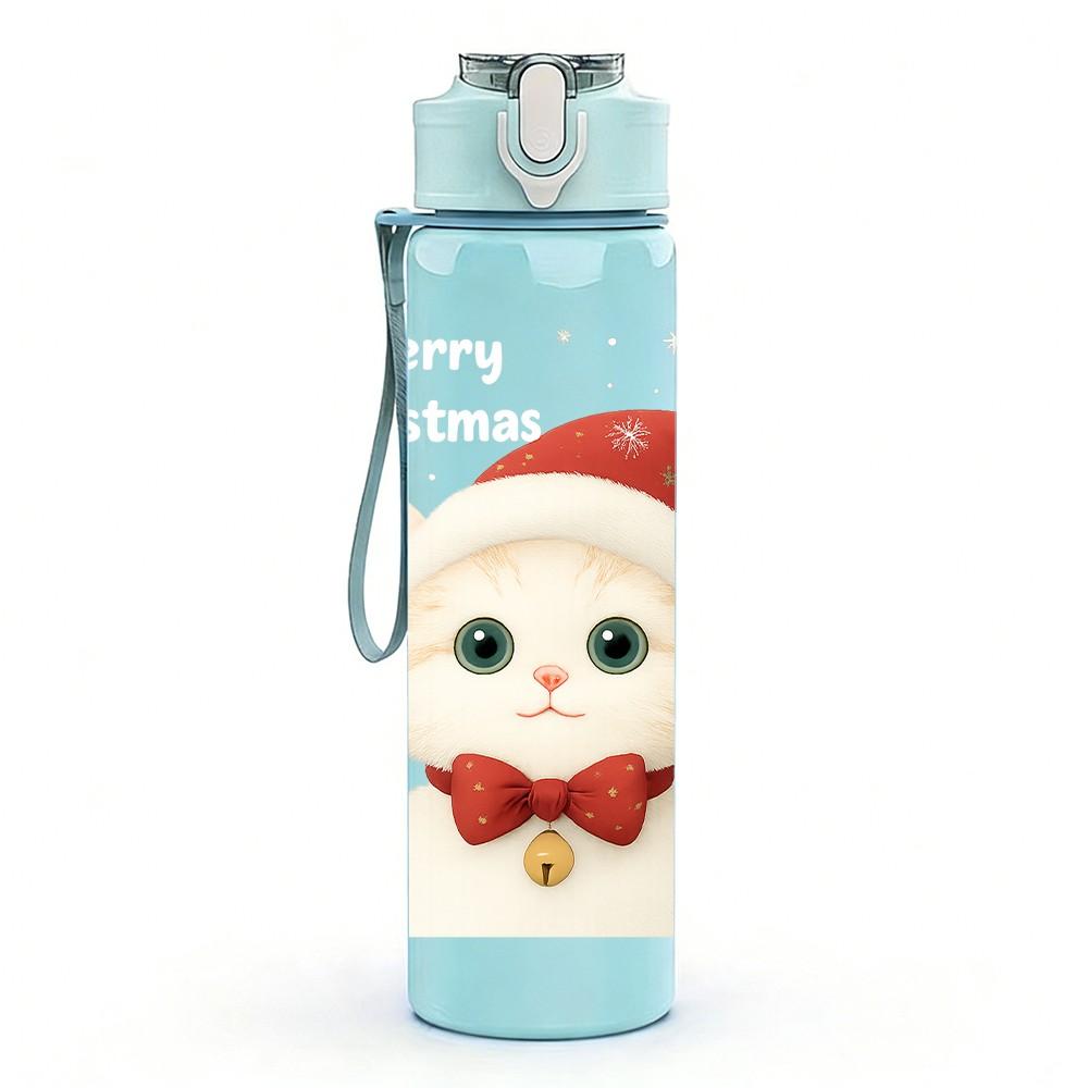 1PC Santa Cat Christmas Hat Pattern 750ml Color Plastic Sports Water Bottle Leakproof Flip Straw Lid Suitable for Sports Office Home Use