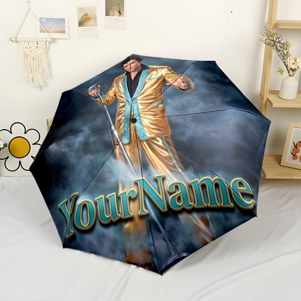 Elvis Customize Text Umbrella Compact Travel Automatic Umbrella Folding Umbrella with 8 Ribs Sturdy Construction for Outdoor Daily Use